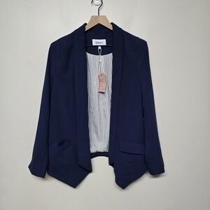 Quince Crepe Open‎ Front Blazer Sz M Navy Blue Wrinklefree Career Shoulder Pads